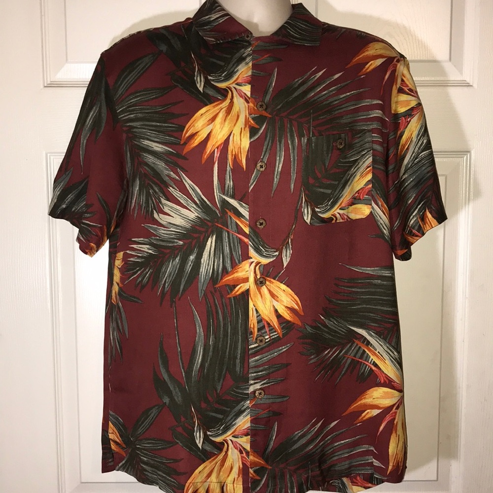 Island shores m silk burgundy Hawaiian shirt